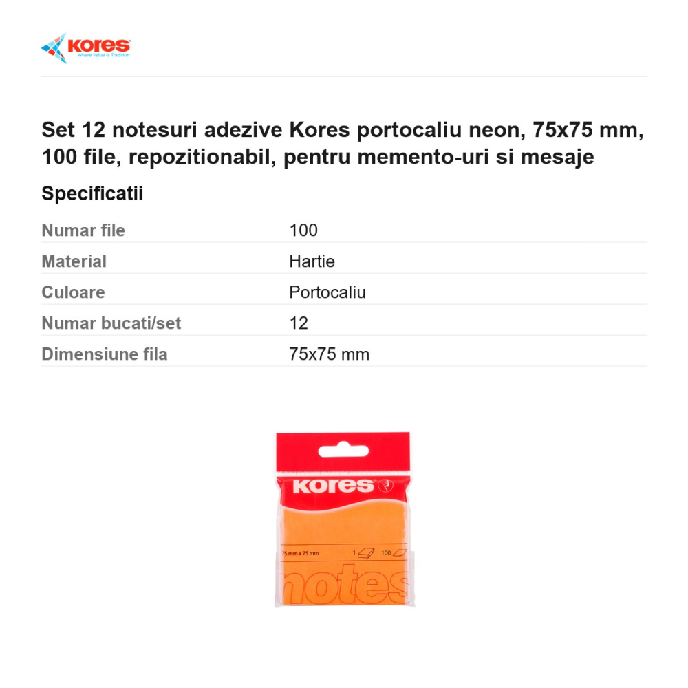 Set 12 notesuri adezive Kores portocaliu neon, 75x75 mm, 100 file, repozitionabil, pentru memento-uri si mesaje [3]