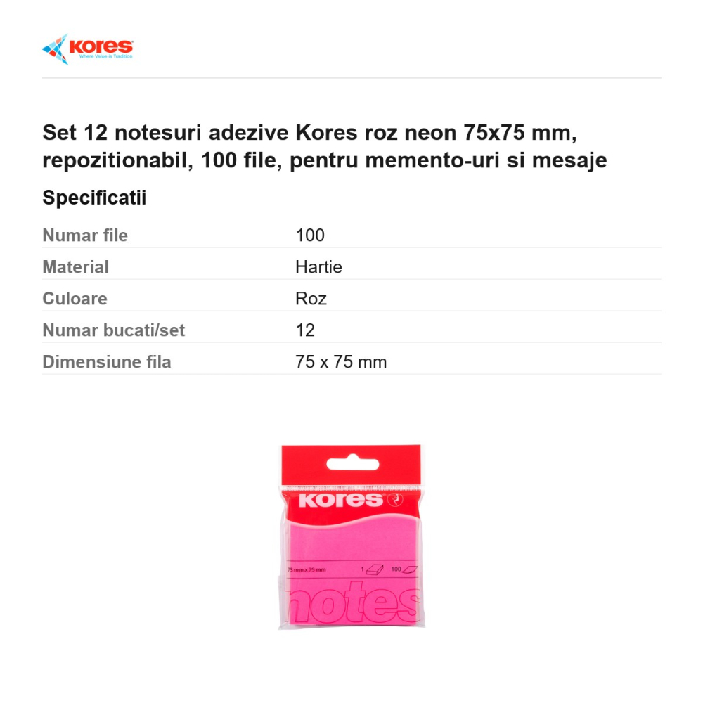 Set 12 notesuri adezive Kores roz neon 75x75 mm, repozitionabil, 100 file, pentru memento-uri si mesaje [3]