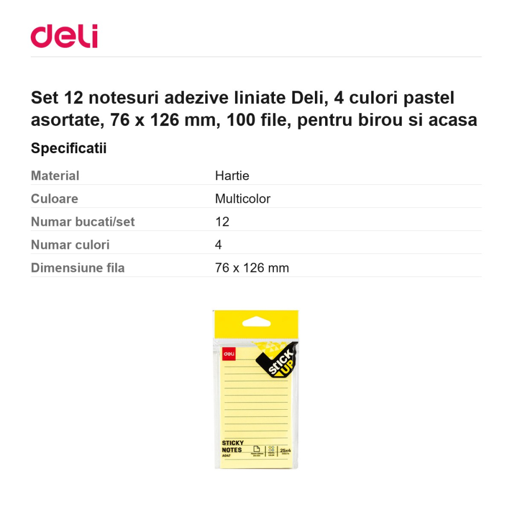 Set 12 notesuri adezive liniate Deli, 4 culori pastel asortate, 76 x 126 mm, 100 file, pentru birou si acasa [3]