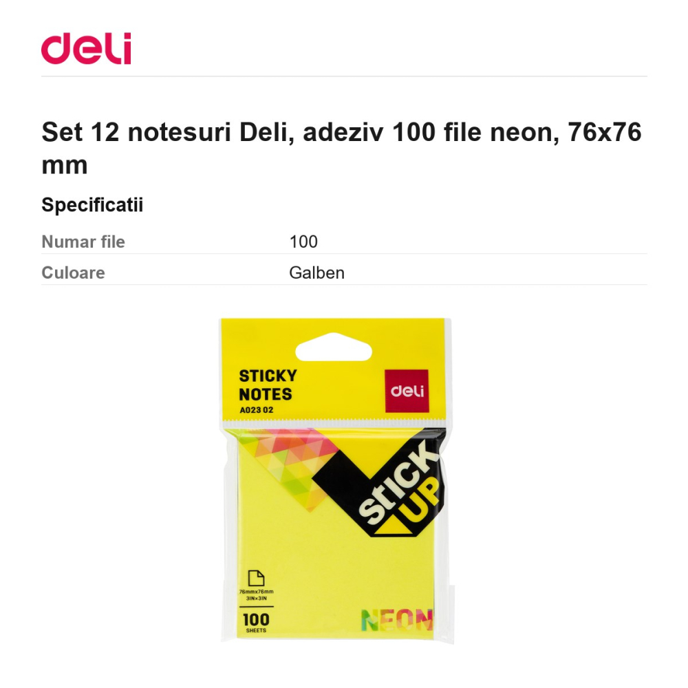 Set 12 notesuri Deli, adeziv 100 file neon, 76x76 mm [3]