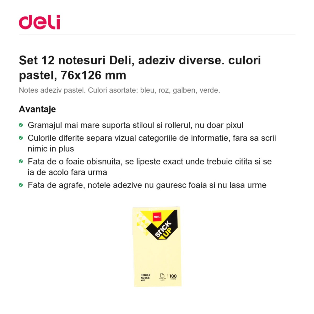 Set 12 notesuri Deli, adeziv diverse. culori pastel, 76x126 mm [2]
