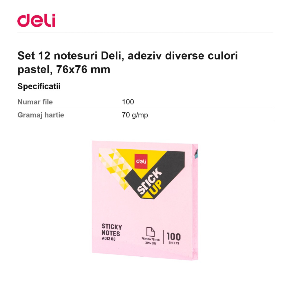 Set 12 notesuri Deli, adeziv diverse culori pastel, 76x76 mm [3]