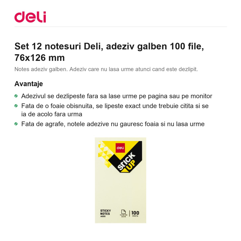 Set 12 notesuri Deli, adeziv galben 100 file, 76x126 mm [2]