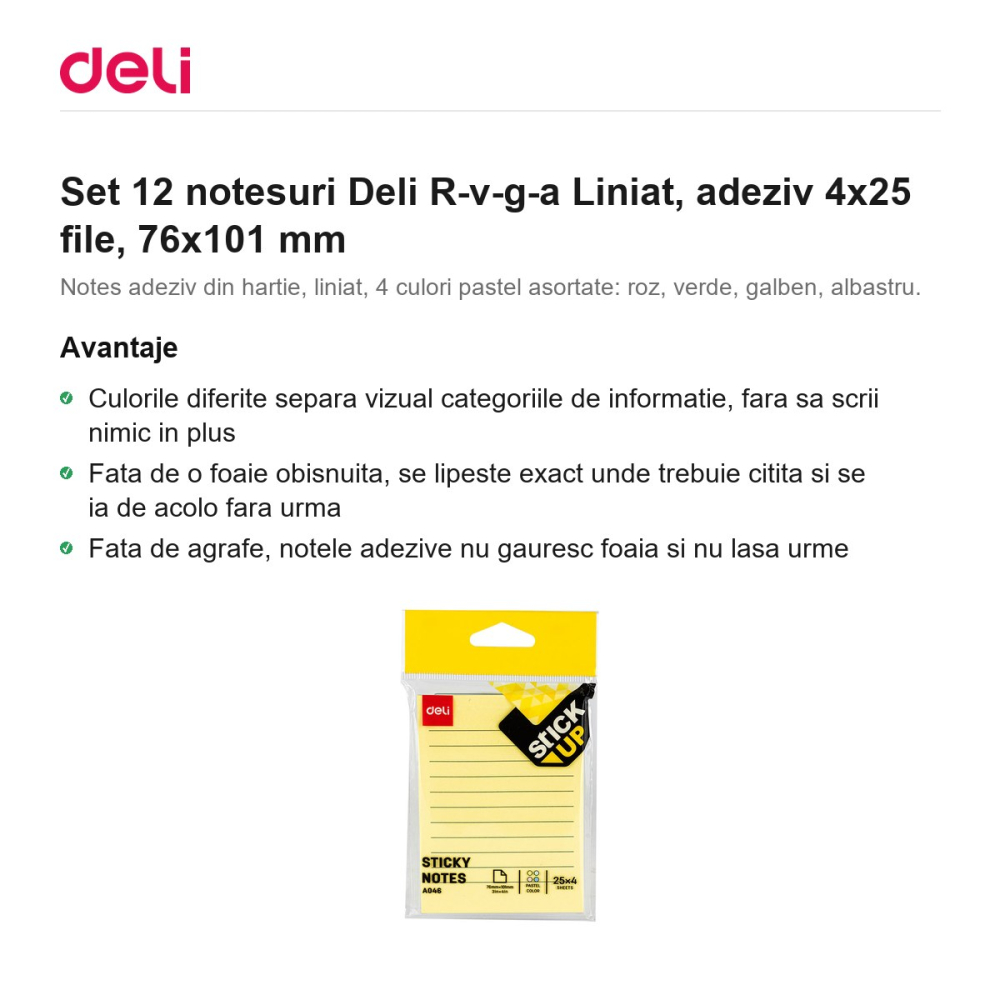 Set 12 notesuri Deli R-v-g-a Liniat, adeziv 4x25 file, 76x101 mm [2]