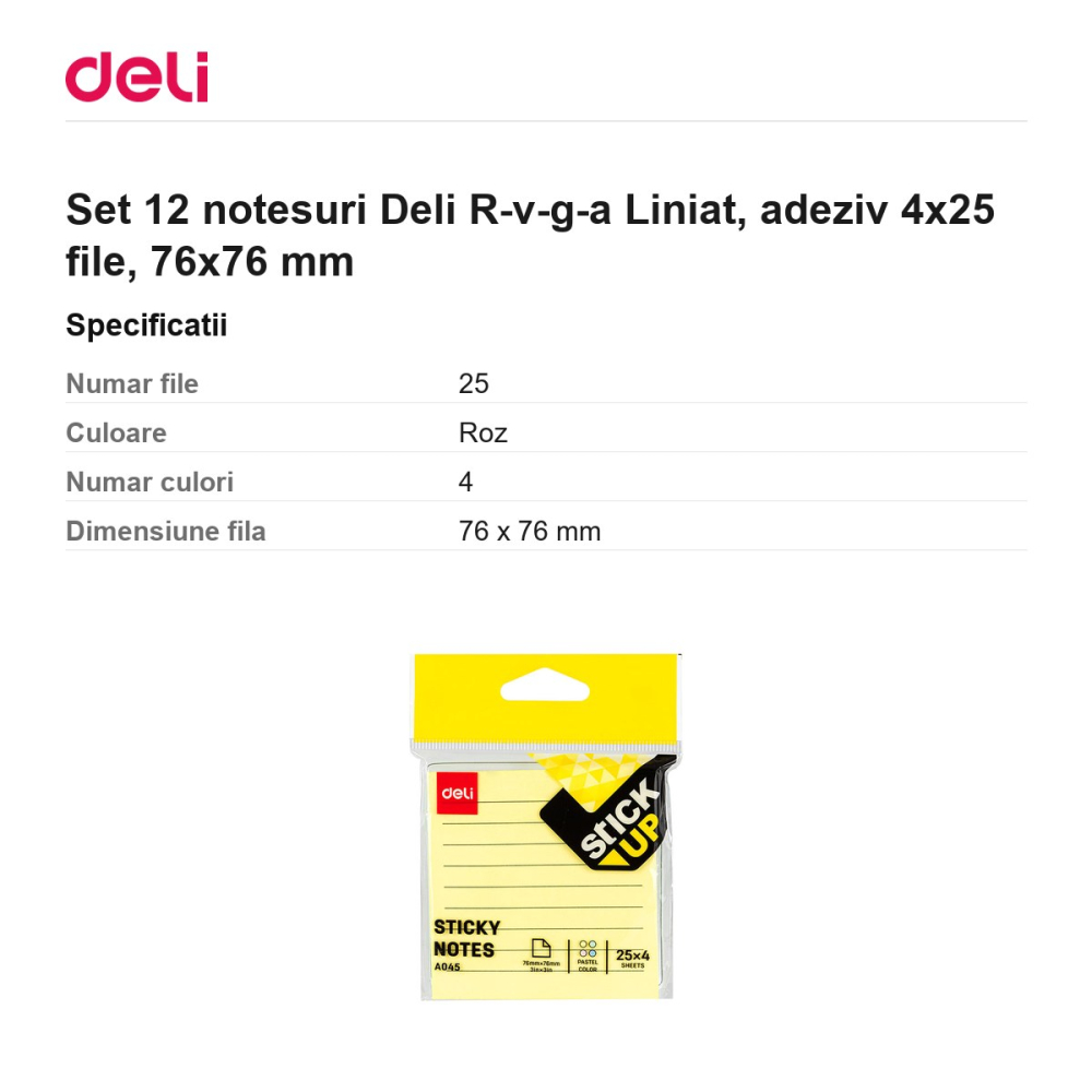 Set 12 notesuri Deli R-v-g-a Liniat, adeziv 4x25 file, 76x76 mm [3]