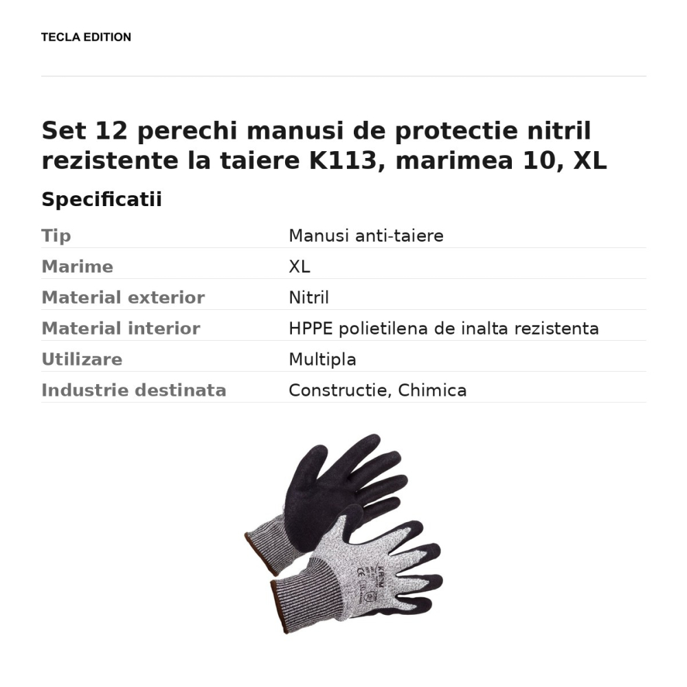 Set 12 perechi manusi de protectie nitril rezistente la taiere K113, marimea 10, XL [3]