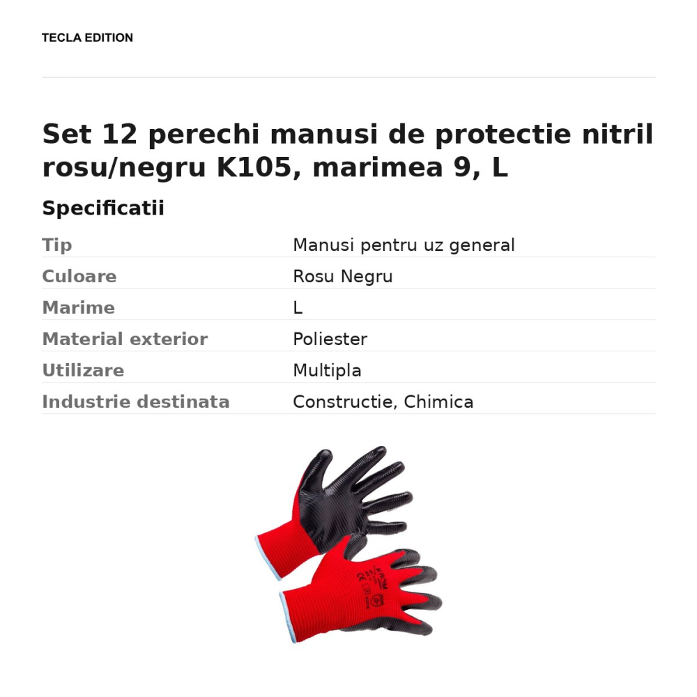 Set 12 perechi manusi de protectie nitril rosu/negru K105, marimea 9, L [3]
