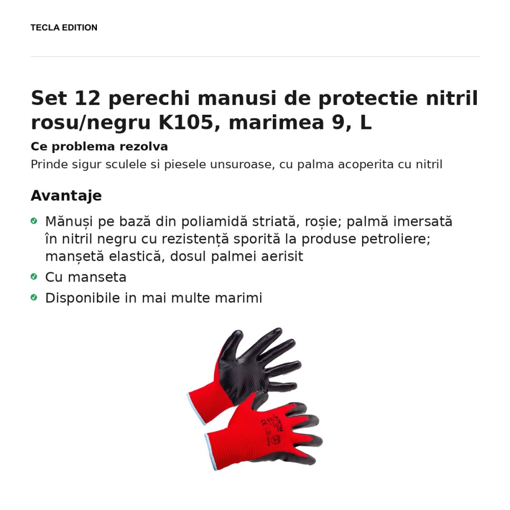 Set 12 perechi manusi de protectie nitril rosu/negru K105, marimea 9, L [2]