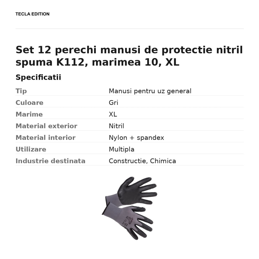Set 12 perechi manusi de protectie nitril spuma K112, marimea 10, XL [3]