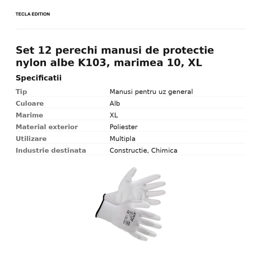 Set 12 perechi manusi de protectie nylon albe K103, marimea 10, XL [3]