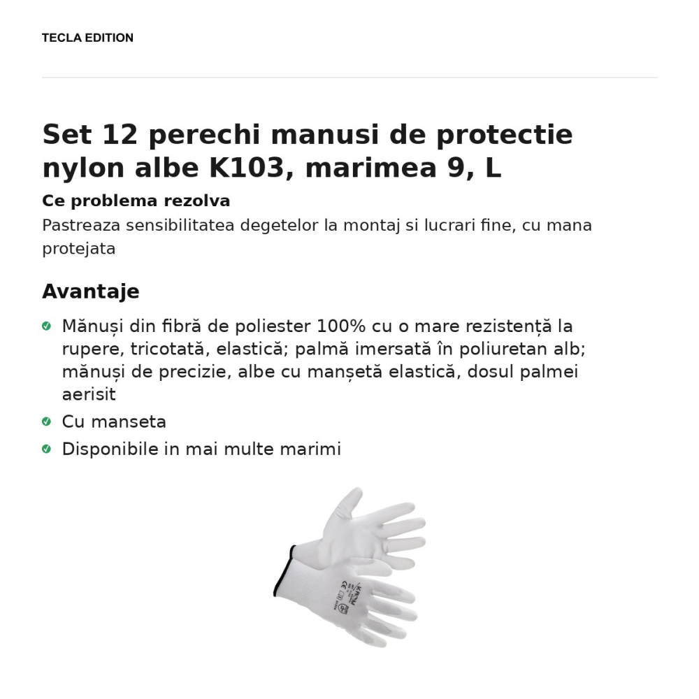 Set 12 perechi manusi de protectie nylon albe K103, marimea 9, L [2]