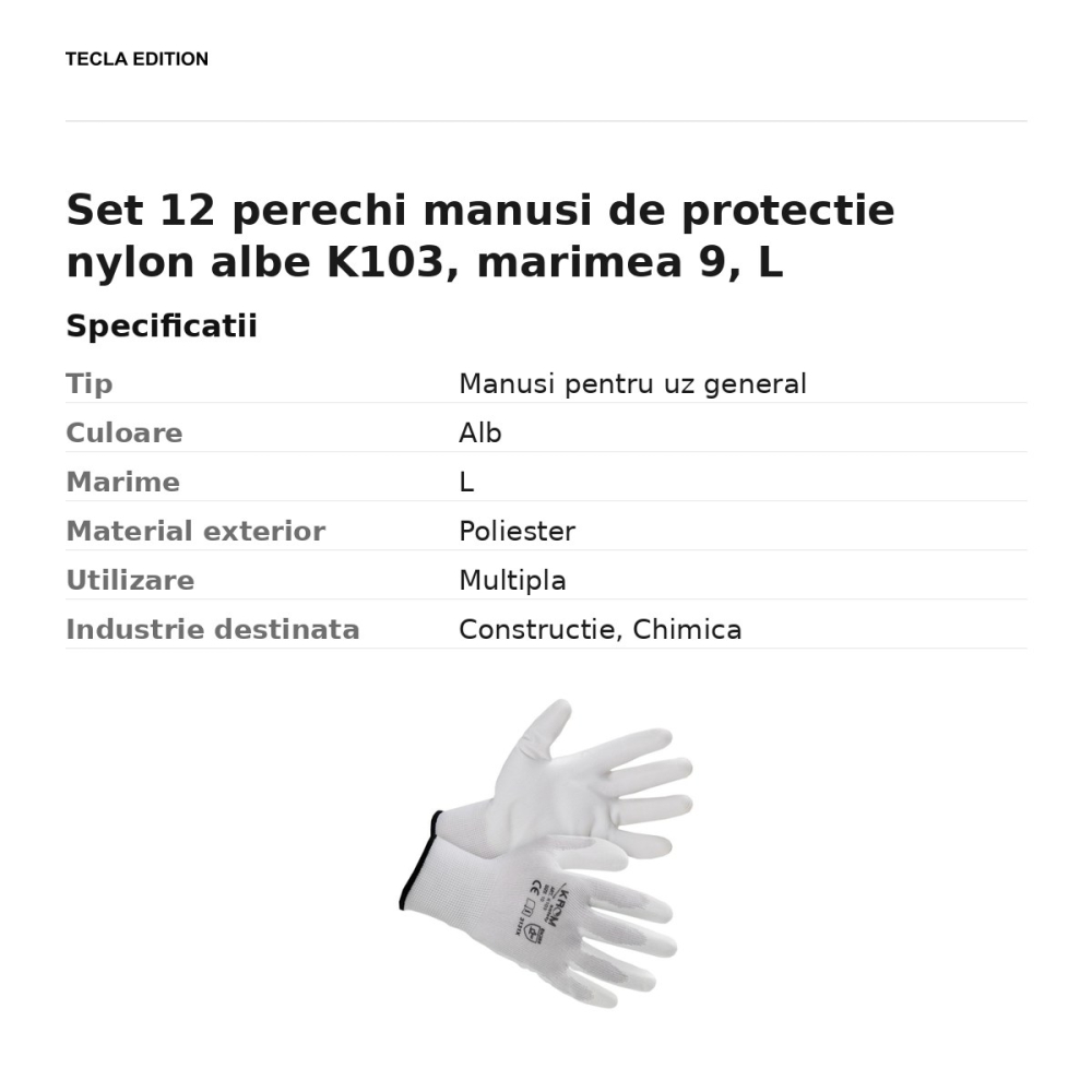 Set 12 perechi manusi de protectie nylon albe K103, marimea 9, L [3]