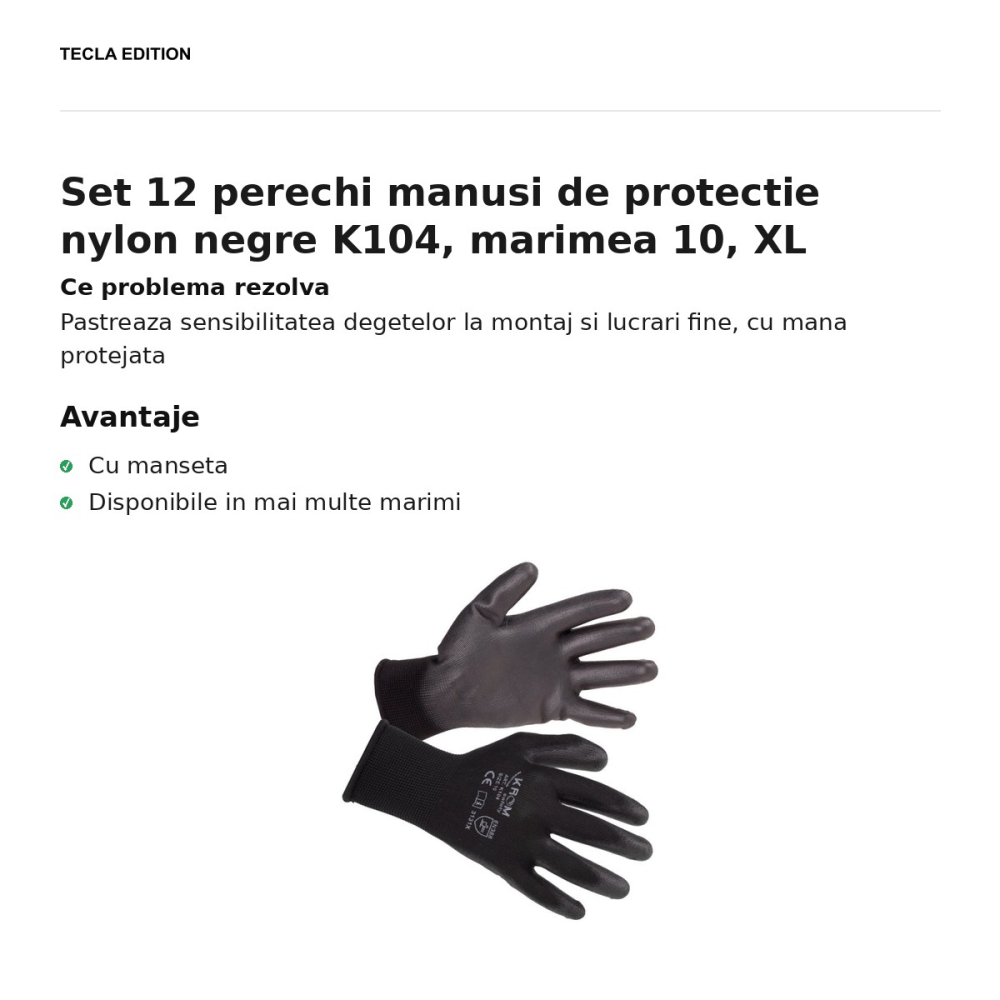 Set 12 perechi manusi de protectie nylon negre K104, marimea 10, XL [2]