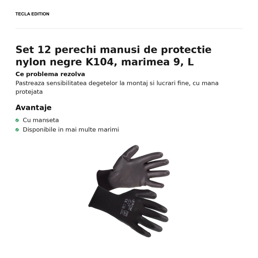 Set 12 perechi manusi de protectie nylon negre K104, marimea 9, L [2]