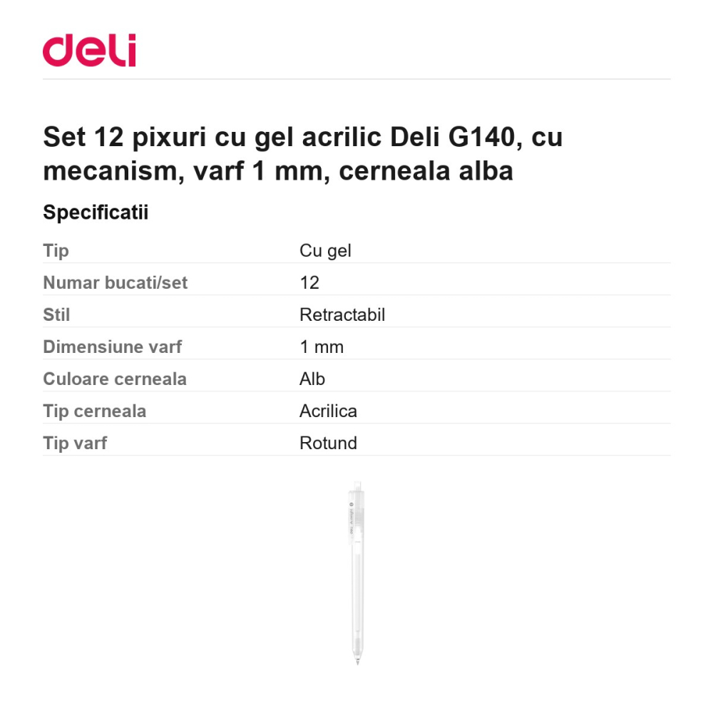 Set 12 pixuri cu gel acrilic Deli G140, cu mecanism, varf 1 mm, cerneala alba [3]