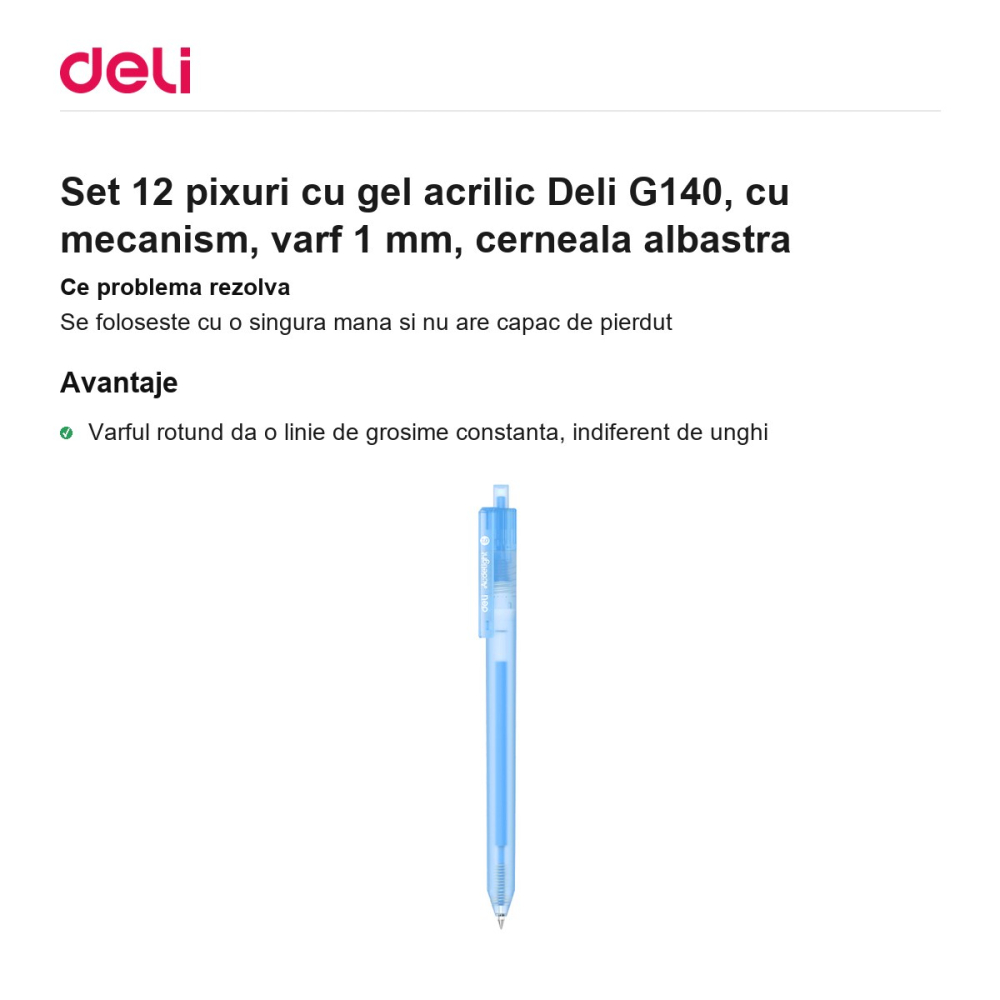 Set 12 pixuri cu gel acrilic Deli G140, cu mecanism, varf 1 mm, cerneala albastra [2]