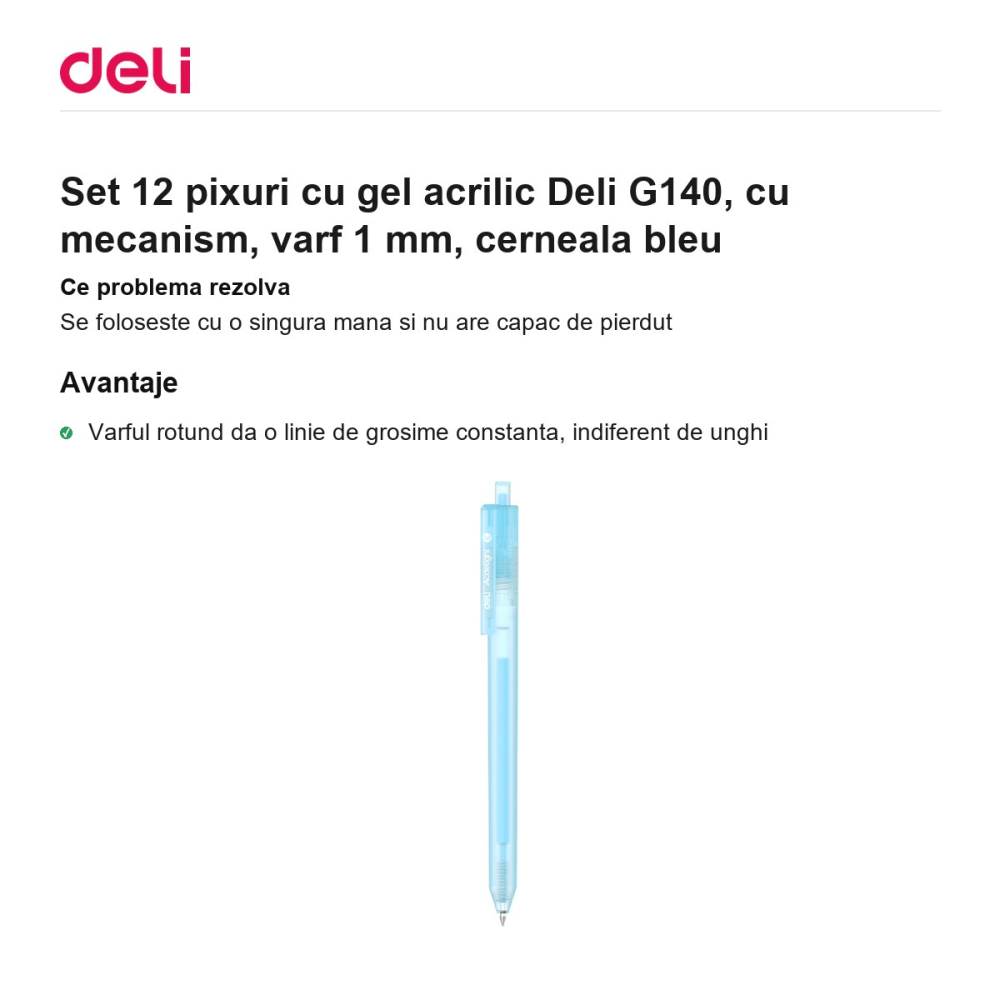 Set 12 pixuri cu gel acrilic Deli G140, cu mecanism, varf 1 mm, cerneala bleu [2]