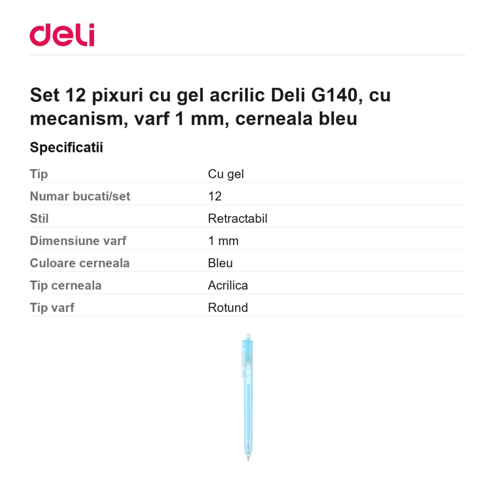 Set 12 pixuri cu gel acrilic Deli G140, cu mecanism, varf 1 mm, cerneala bleu [3]
