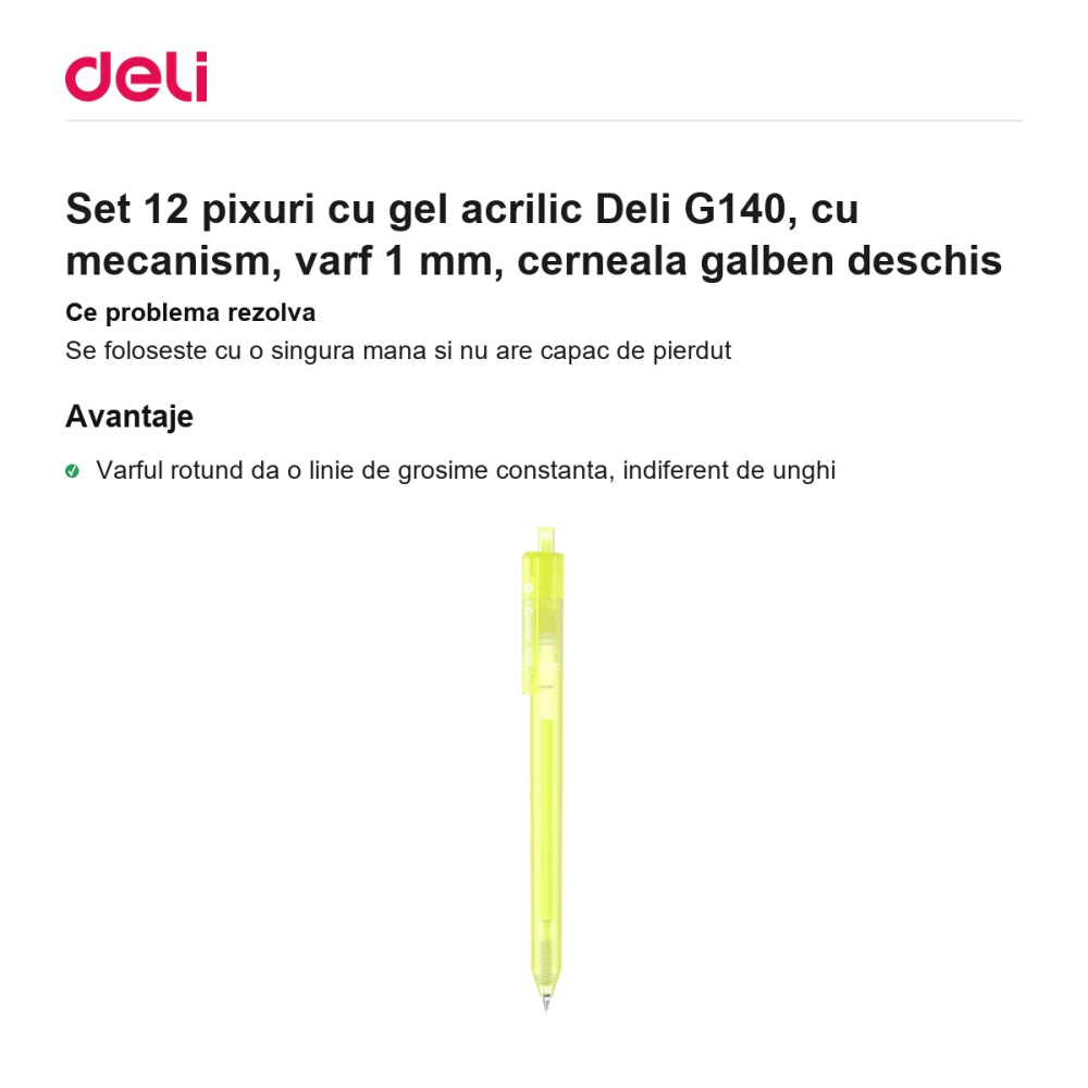 Set 12 pixuri cu gel acrilic Deli G140, cu mecanism, varf 1 mm, cerneala galben deschis [2]