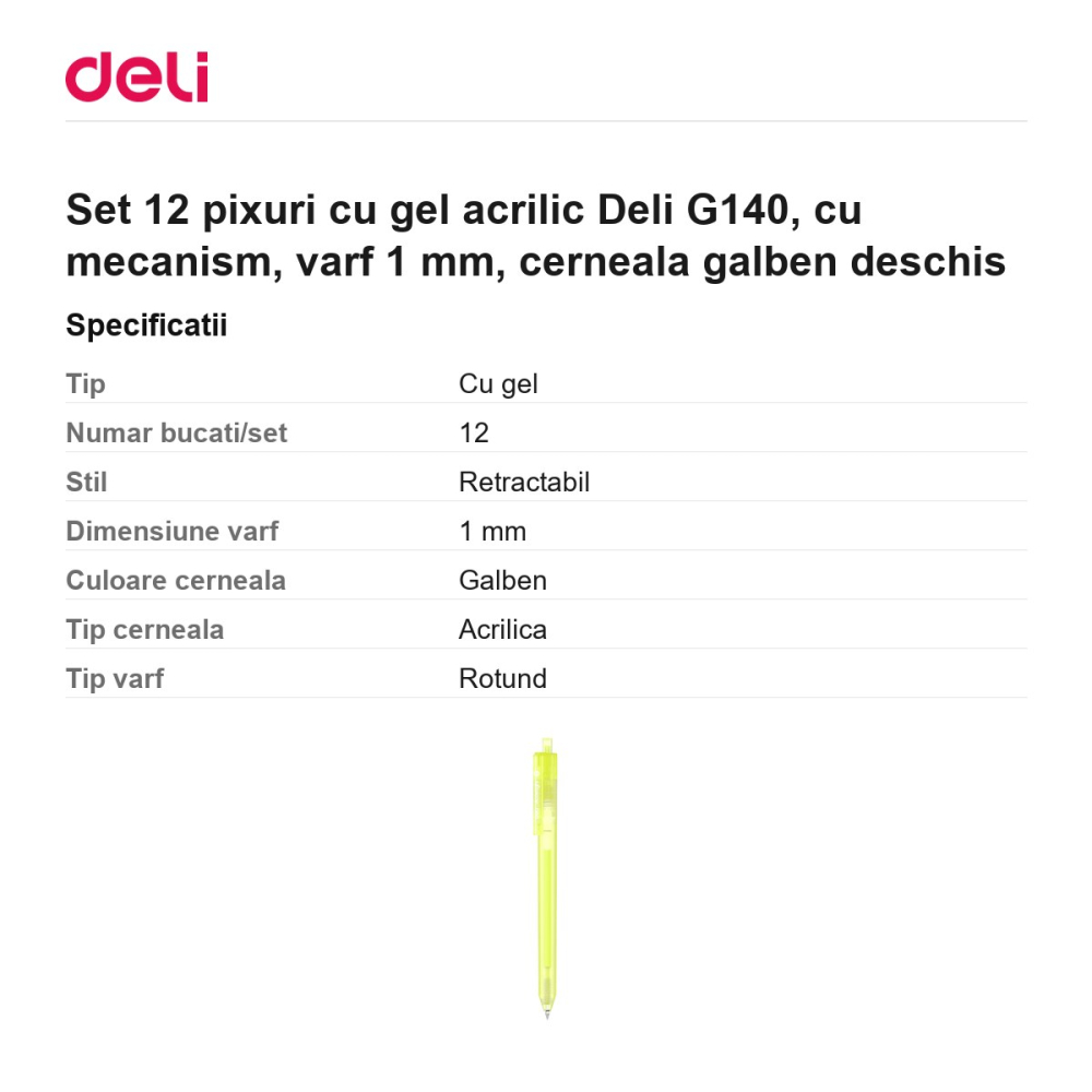 Set 12 pixuri cu gel acrilic Deli G140, cu mecanism, varf 1 mm, cerneala galben deschis [3]