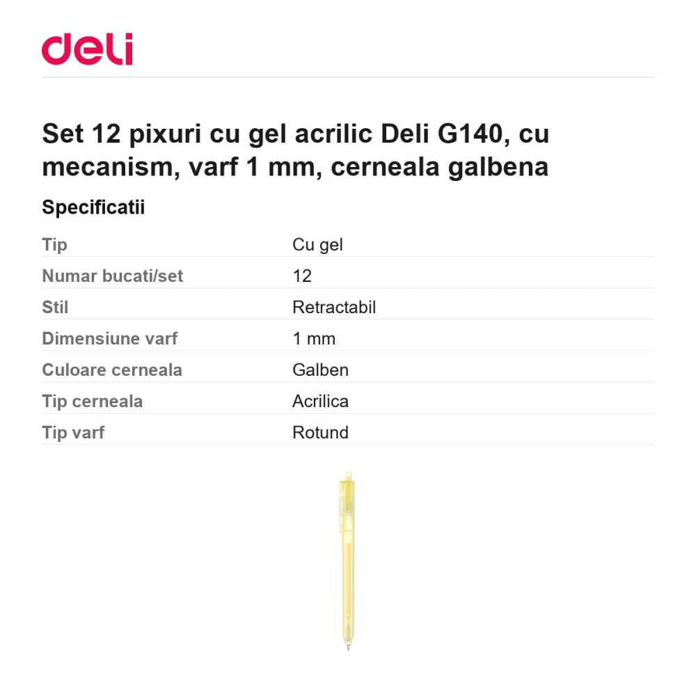 Set 12 pixuri cu gel acrilic Deli G140, cu mecanism, varf 1 mm, cerneala galbena [3]