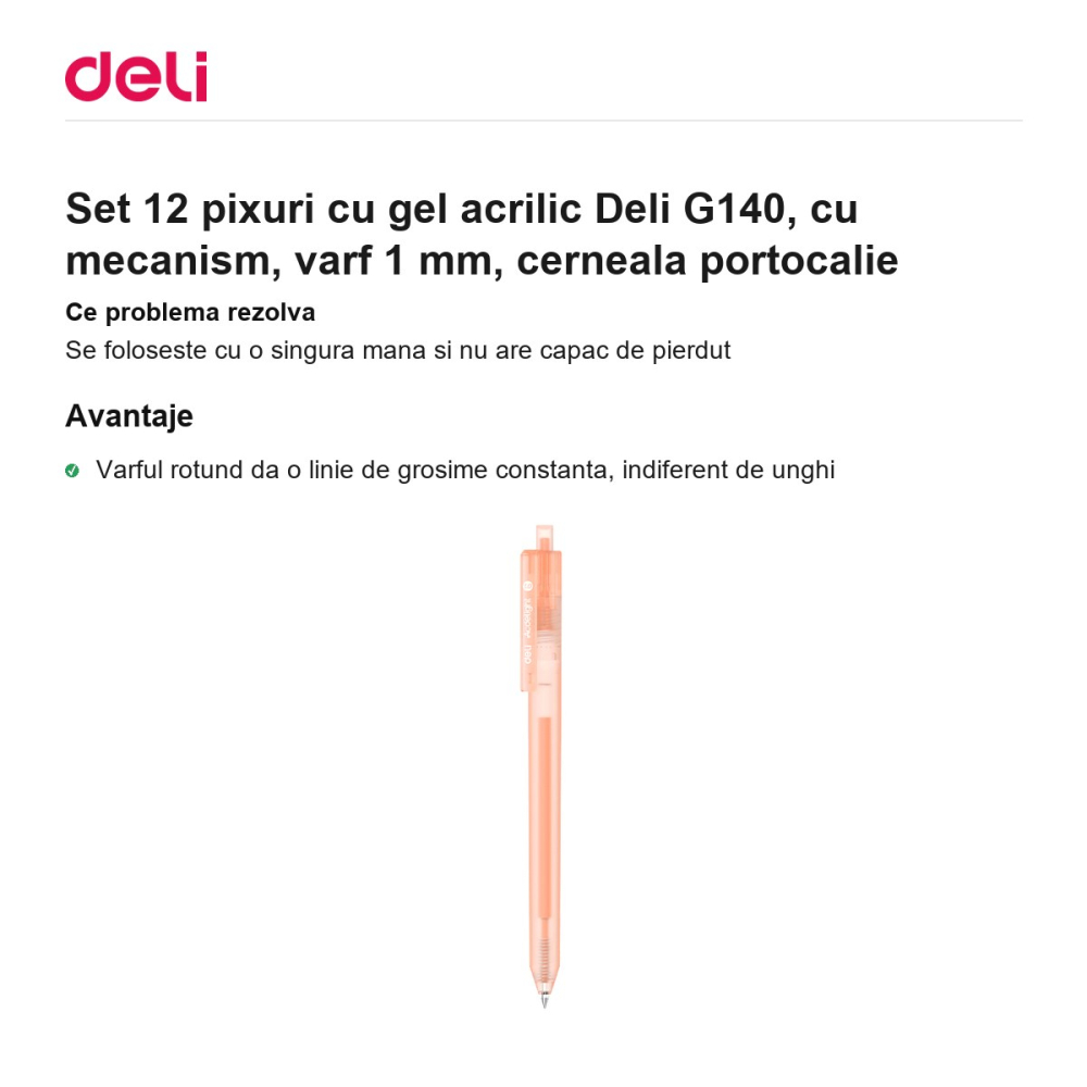 Set 12 pixuri cu gel acrilic Deli G140, cu mecanism, varf 1 mm, cerneala portocalie [2]