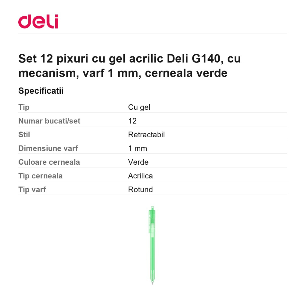 Set 12 pixuri cu gel acrilic Deli G140, cu mecanism, varf 1 mm, cerneala verde [3]