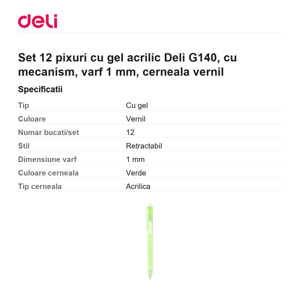 Set 12 pixuri cu gel acrilic Deli G140, cu mecanism, varf 1 mm, cerneala vernil [3]