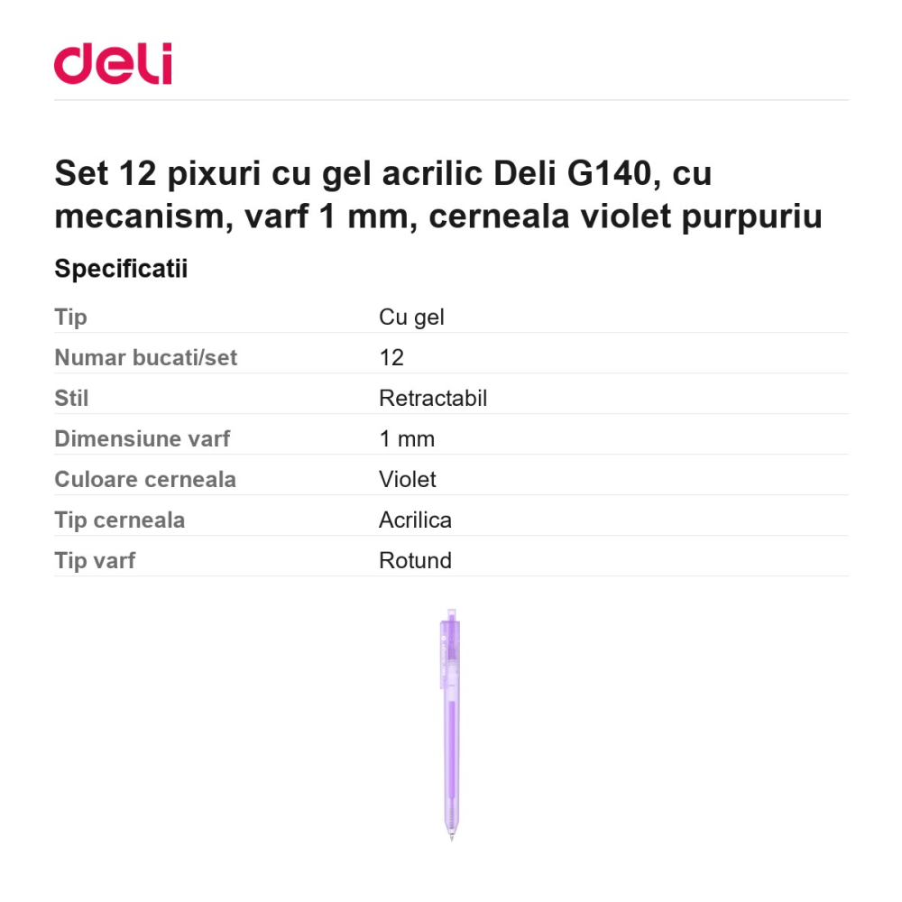 Set 12 pixuri cu gel acrilic Deli G140, cu mecanism, varf 1 mm, cerneala violet purpuriu [3]