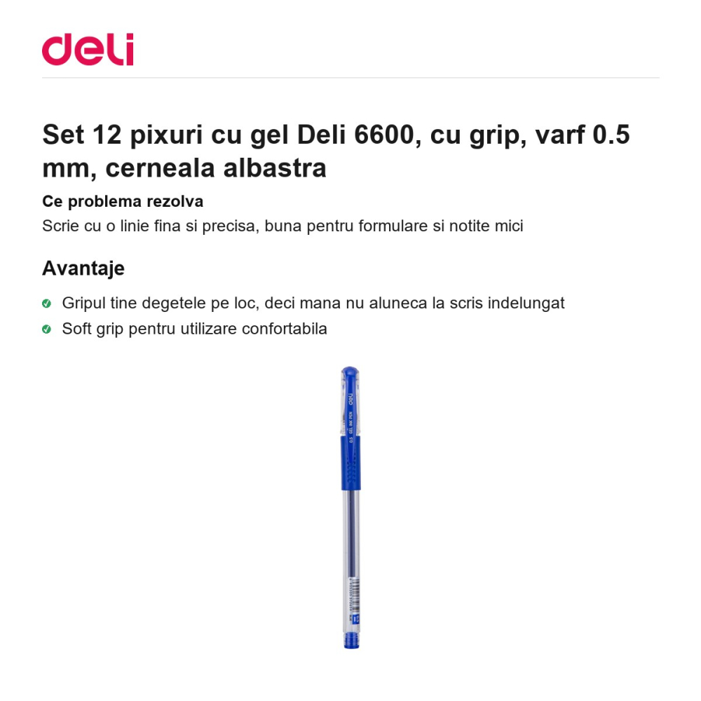 Set 12 pixuri cu gel Deli 6600, cu grip, varf 0.5 mm, cerneala albastra [2]