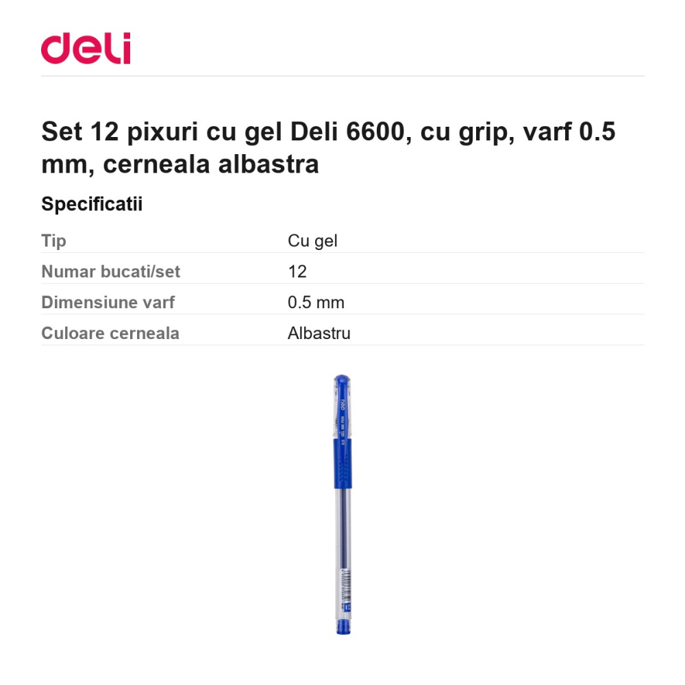 Set 12 pixuri cu gel Deli 6600, cu grip, varf 0.5 mm, cerneala albastra [3]