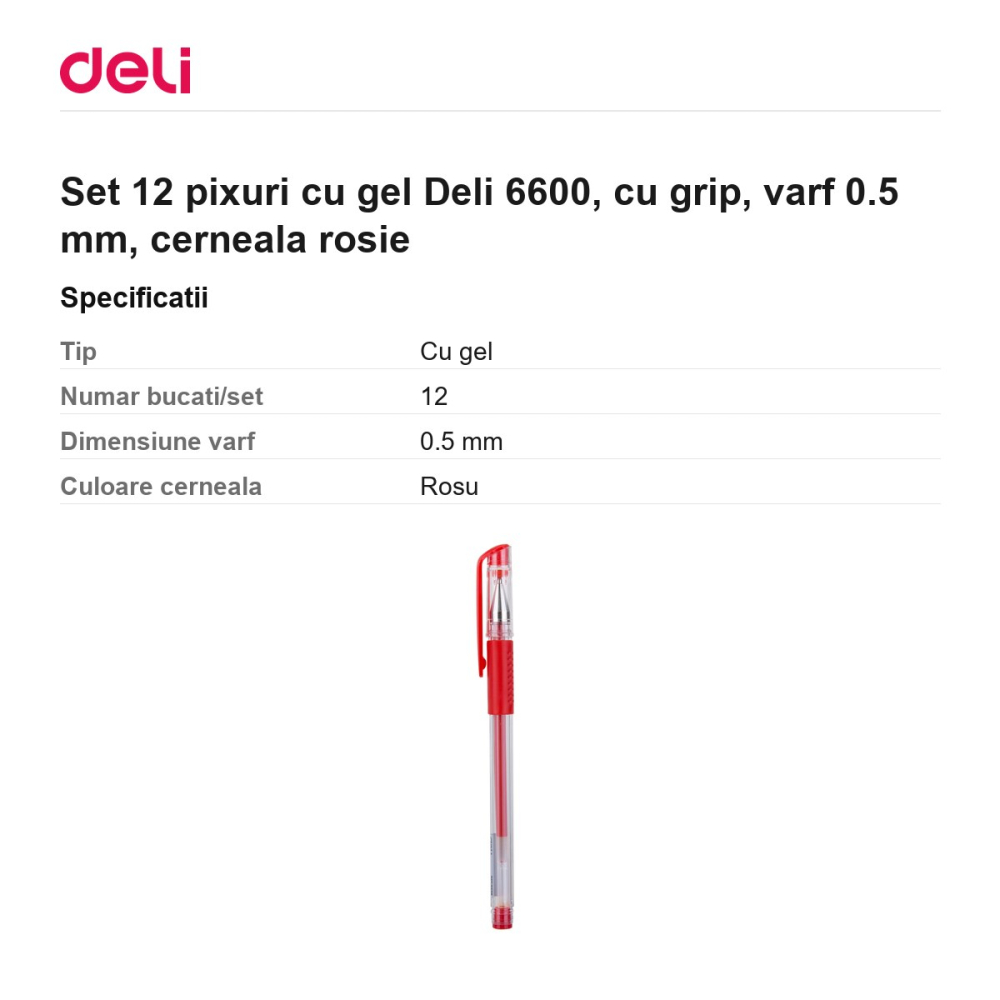 Set 12 pixuri cu gel Deli 6600, cu grip, varf 0.5 mm, cerneala rosie [3]