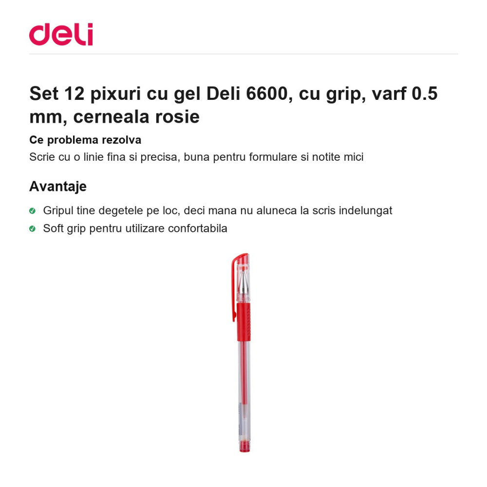 Set 12 pixuri cu gel Deli 6600, cu grip, varf 0.5 mm, cerneala rosie [2]