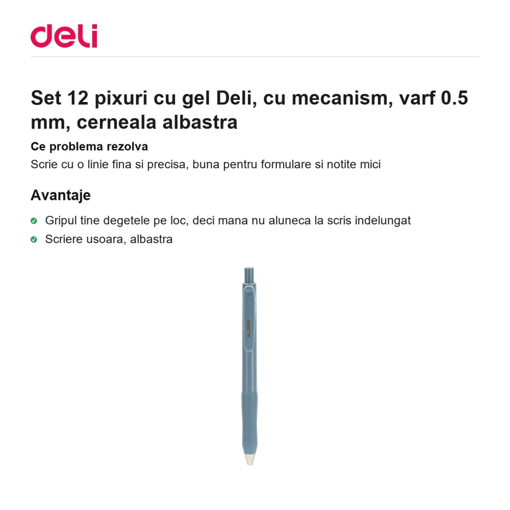 Set 12 pixuri cu gel Deli, cu mecanism, varf 0.5 mm, cerneala albastra [2]