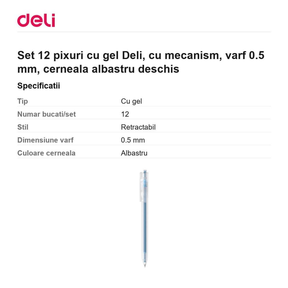 Set 12 pixuri cu gel Deli, cu mecanism, varf 0.5 mm, cerneala albastru deschis [3]
