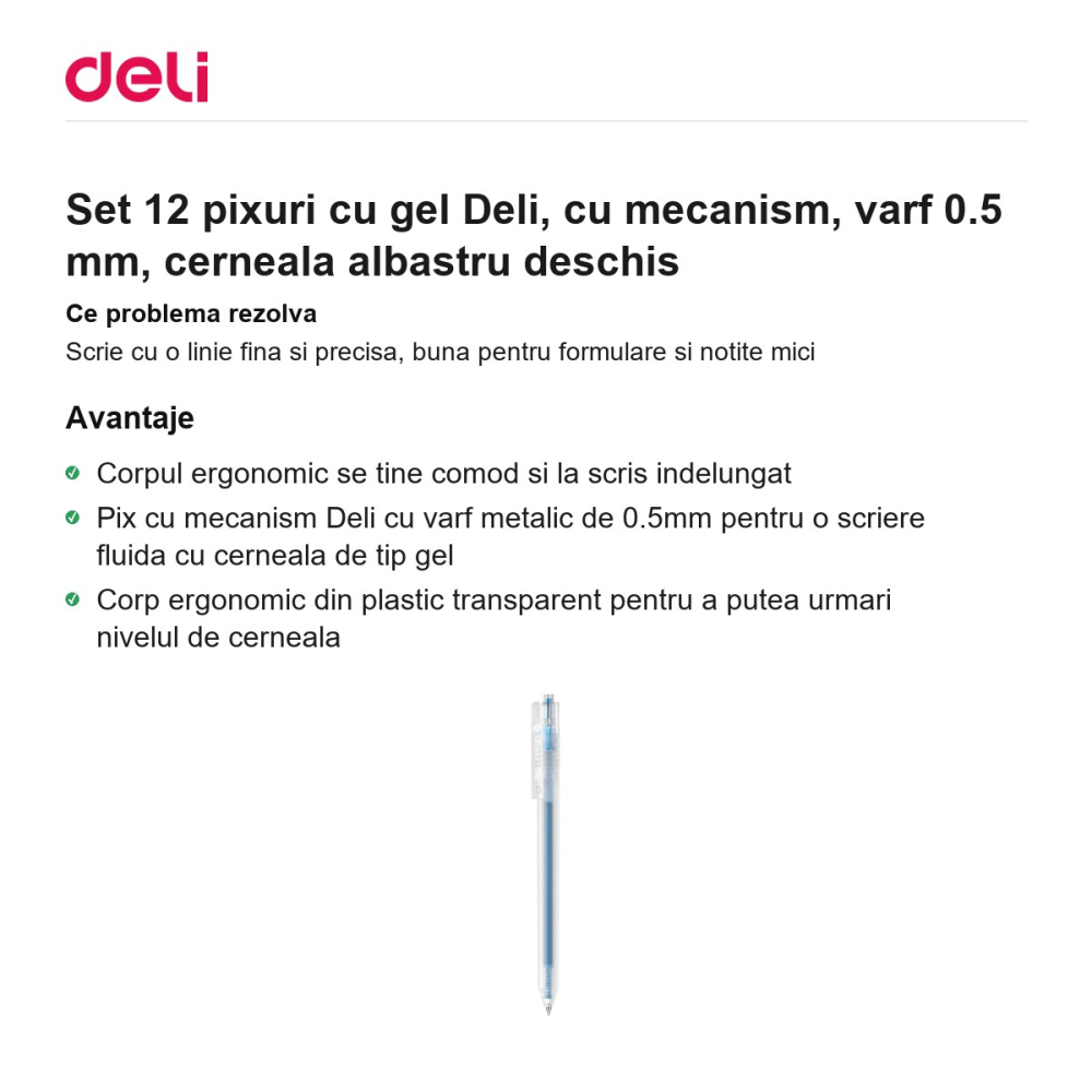 Set 12 pixuri cu gel Deli, cu mecanism, varf 0.5 mm, cerneala albastru deschis [2]
