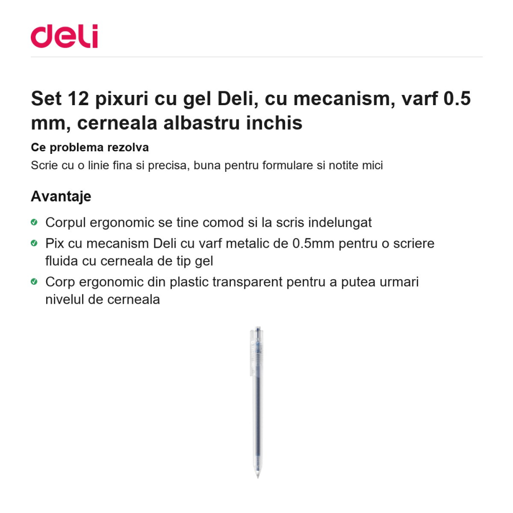 Set 12 pixuri cu gel Deli, cu mecanism, varf 0.5 mm, cerneala albastru inchis [2]