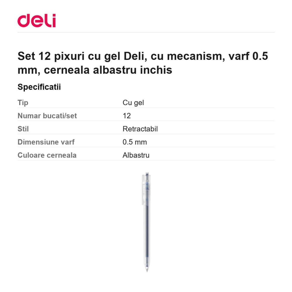 Set 12 pixuri cu gel Deli, cu mecanism, varf 0.5 mm, cerneala albastru inchis [3]