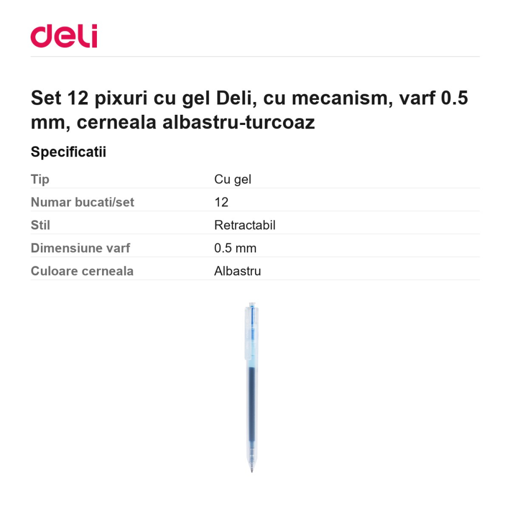 Set 12 pixuri cu gel Deli, cu mecanism, varf 0.5 mm, cerneala albastru-turcoaz [3]