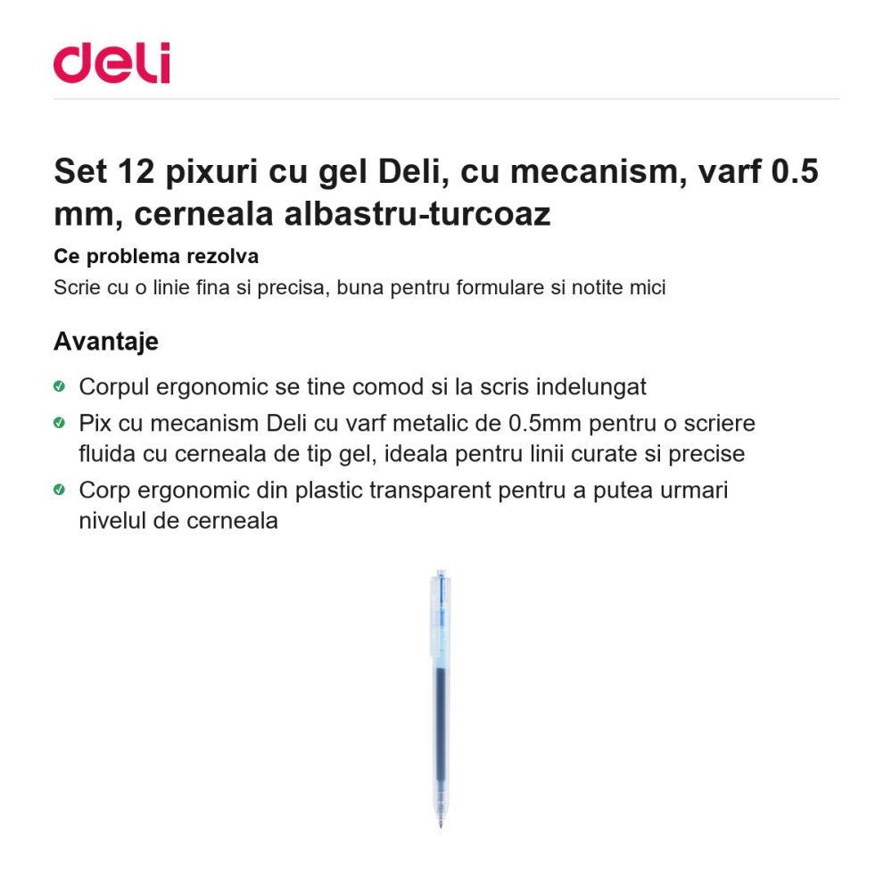 Set 12 pixuri cu gel Deli, cu mecanism, varf 0.5 mm, cerneala albastru-turcoaz [2]