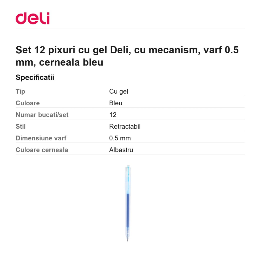 Set 12 pixuri cu gel Deli, cu mecanism, varf 0.5 mm, cerneala bleu [3]