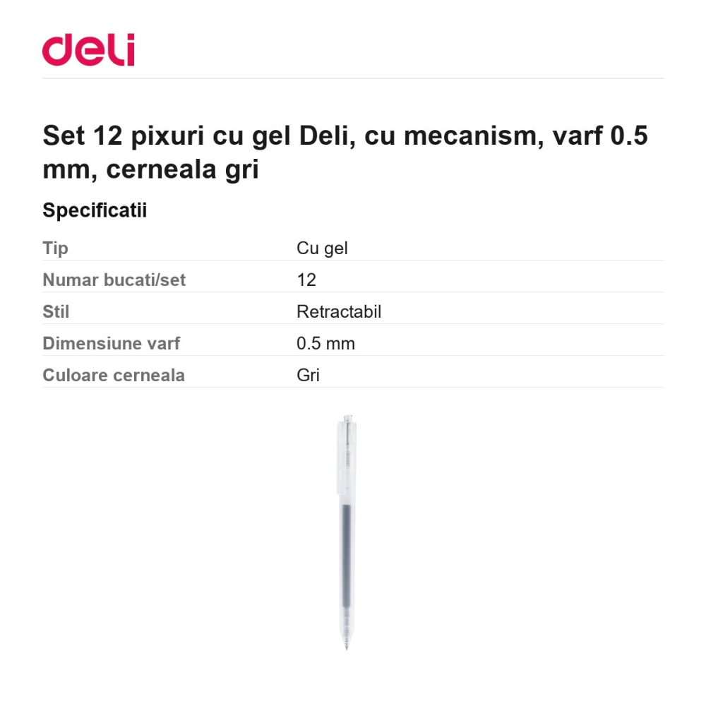Set 12 pixuri cu gel Deli, cu mecanism, varf 0.5 mm, cerneala gri [3]
