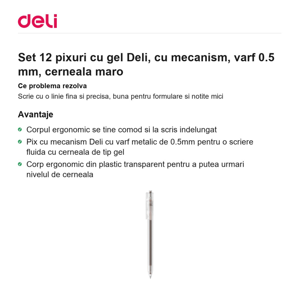 Set 12 pixuri cu gel Deli, cu mecanism, varf 0.5 mm, cerneala maro [2]