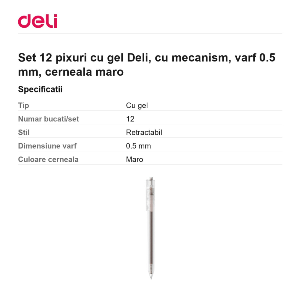 Set 12 pixuri cu gel Deli, cu mecanism, varf 0.5 mm, cerneala maro [3]