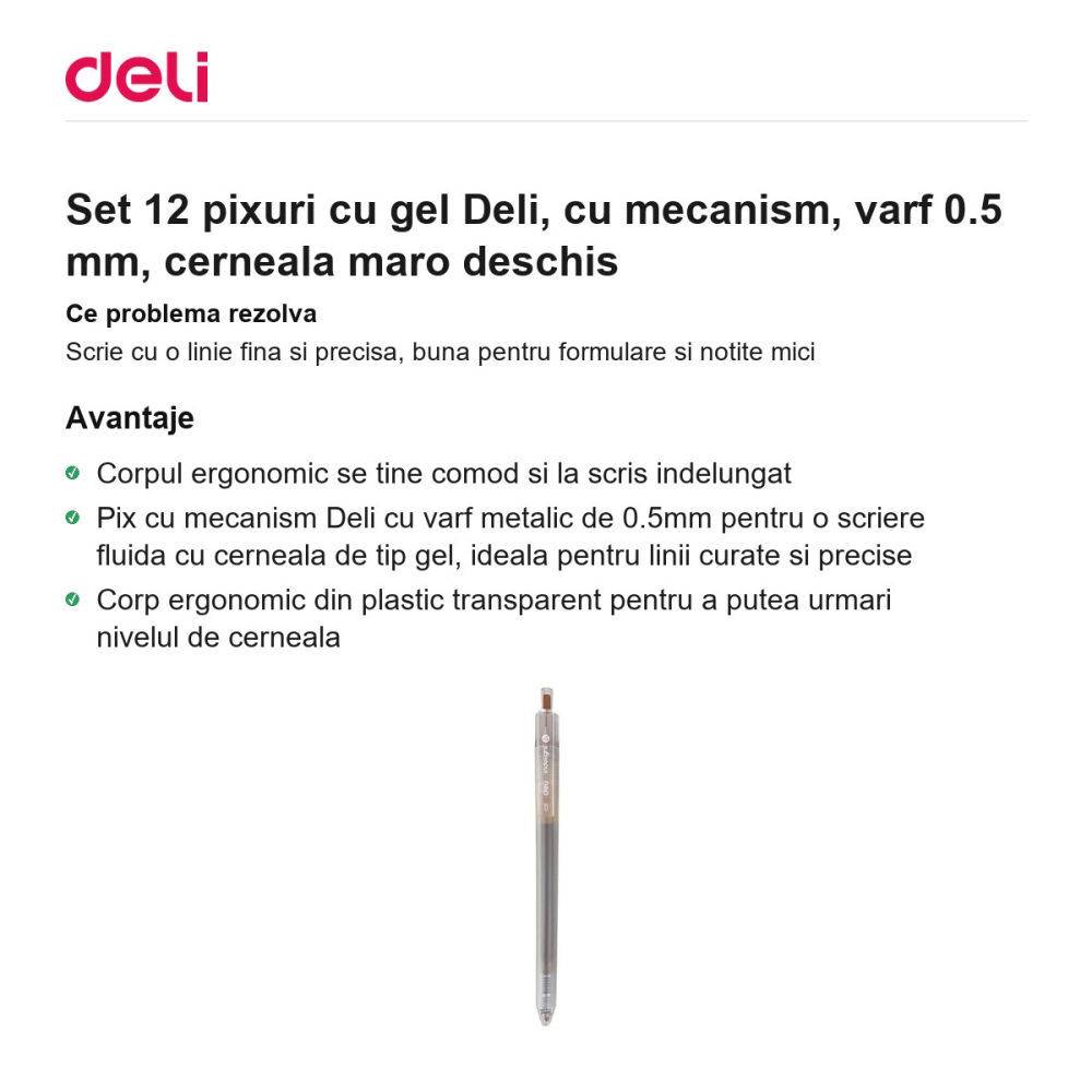 Set 12 pixuri cu gel Deli, cu mecanism, varf 0.5 mm, cerneala maro deschis [2]