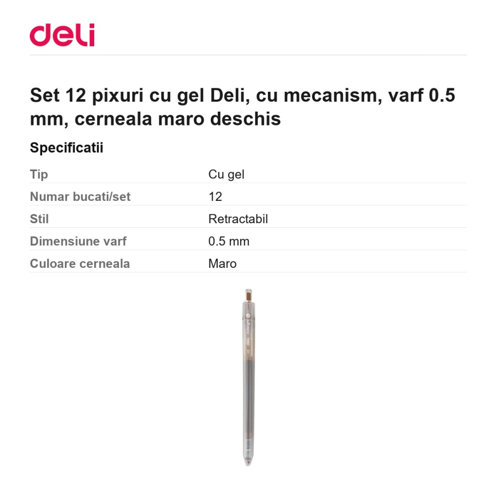 Set 12 pixuri cu gel Deli, cu mecanism, varf 0.5 mm, cerneala maro deschis [3]