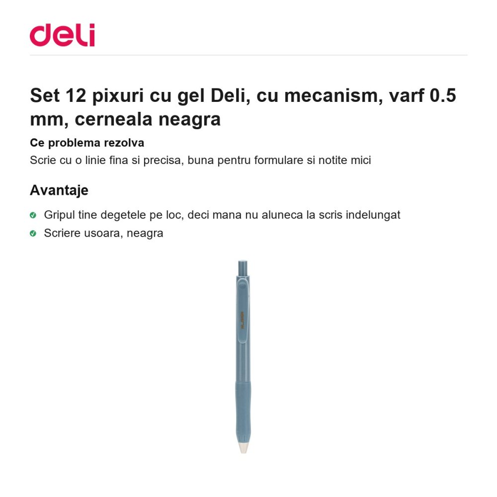 Set 12 pixuri cu gel Deli, cu mecanism, varf 0.5 mm, cerneala neagra [2]