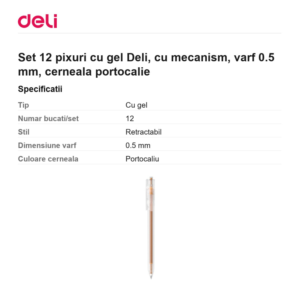 Set 12 pixuri cu gel Deli, cu mecanism, varf 0.5 mm, cerneala portocalie [3]