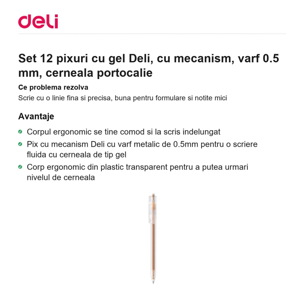 Set 12 pixuri cu gel Deli, cu mecanism, varf 0.5 mm, cerneala portocalie [2]