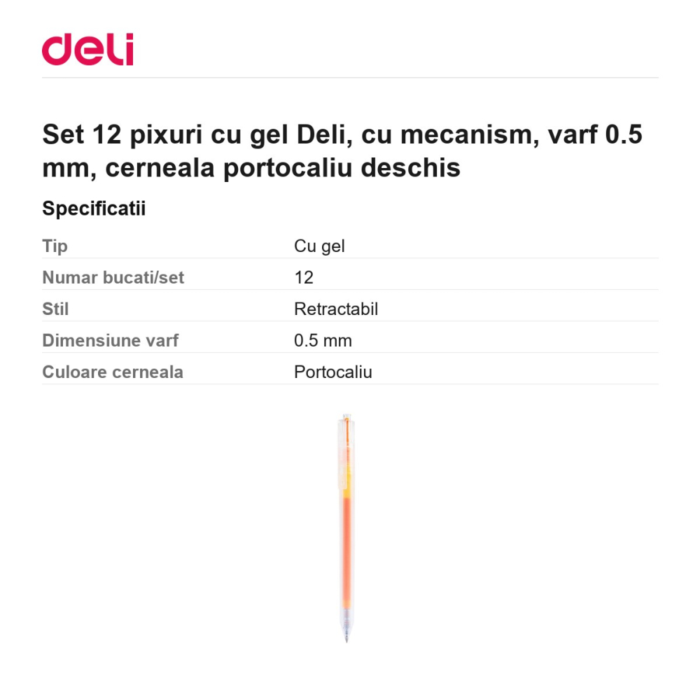 Set 12 pixuri cu gel Deli, cu mecanism, varf 0.5 mm, cerneala portocaliu deschis [3]